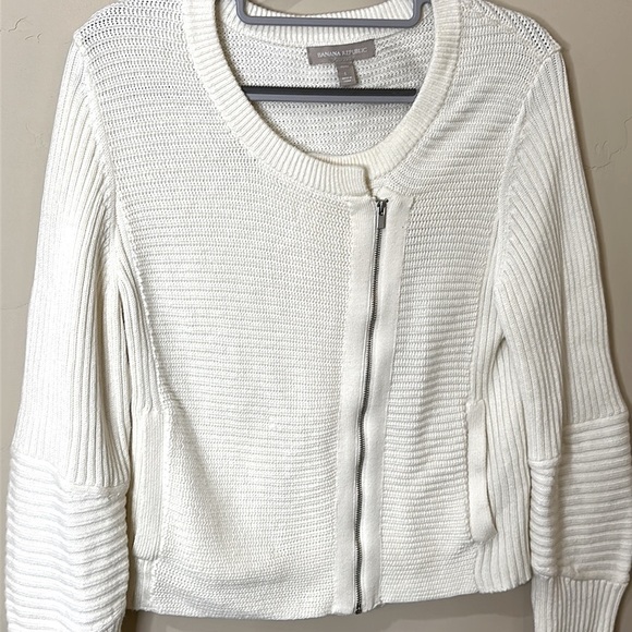 Banana Republic Cream Moto Sweater Jacket Asymmetrical Zip up Pockets Sz LP - Picture 2 of 13